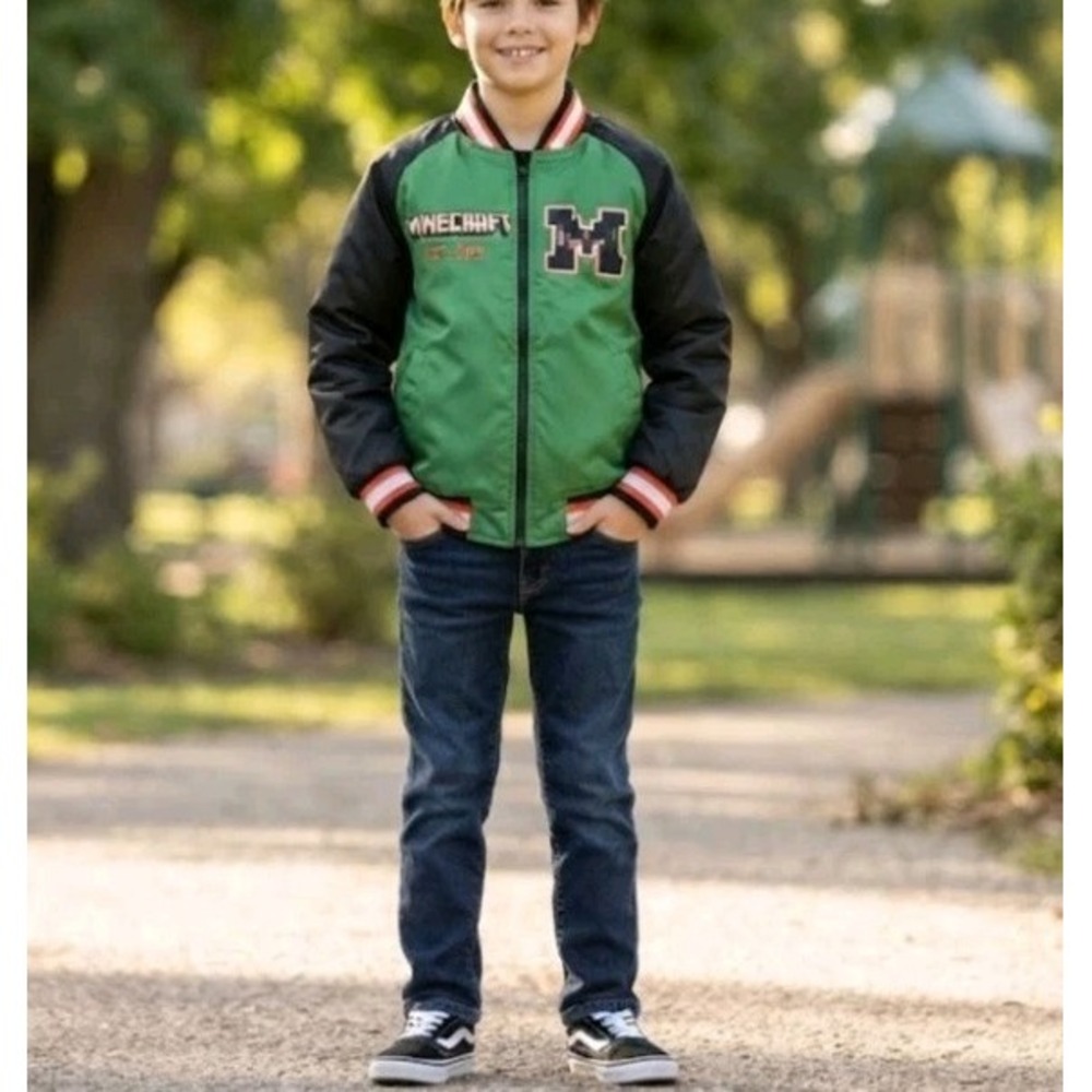 Minecraft Boys Varsity Bomber Jacket Green Black Full Zip Size 10/12 Medium